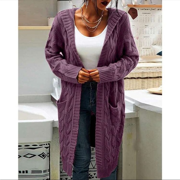 Luxe Cable Knit Long Sleeve Sweater Cardigan Open Front Pocket Hooded Hood - Picture 4 of 16